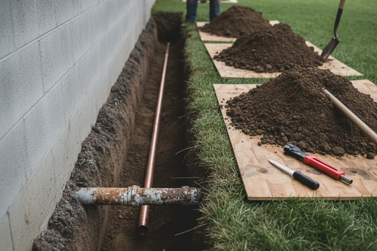 Excavated water line trench during Water Heater Repair in Sherman